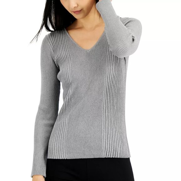 Alfani Women's Metallic Ribbed V-Neck Sweater, Light Greystone - Picture 1 of 11